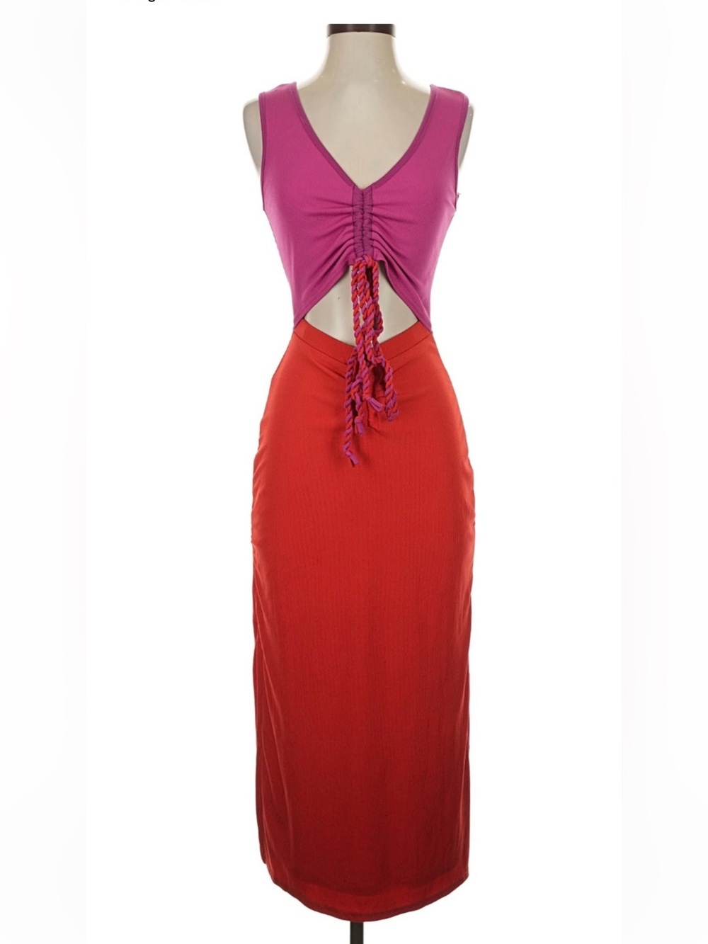 Vici Two-Tone Midi Dress in Magenta and Red